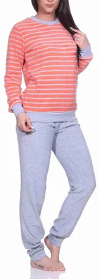 Produktbild von Damen Frottee Pyjama langarm mit Bündchen in edler Streifenoptik - 291 201 13 780 ; rot , 36