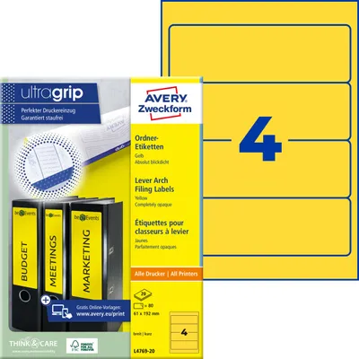 Produktbild von Avery Zweckform L4769-20, Ordner-Etiketten, A4, Qualitätsdruck mit: ultragrip, 61 x 192 mm, 80 Etiketten / 20 Bögen, gelb