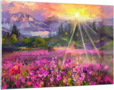Produktbild von Bilder auf glas - Berge Blumen Blumen - 120x80cm - Glasbilder - Wandbilder - Kunstdruck - zum Aufhängen bereit - Wanddekoration aus Glas - Glas Bilder - Wandbild auf Glas - Einteilig - GAA120x80-4029