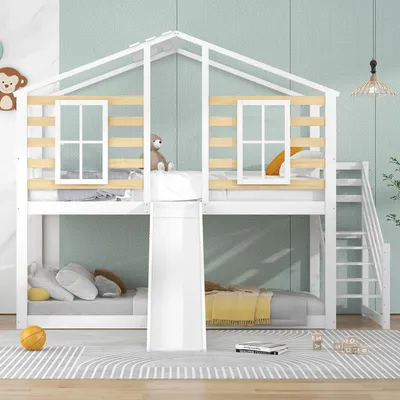 Produktbild von Merax Etagenbett 90x200cm mit Treppe und Rutsche, Kinderbett mit Rausfallschutz, Stockbett mit Gitter und Fenster, Massivholzbett Jugendbett, Weiß
