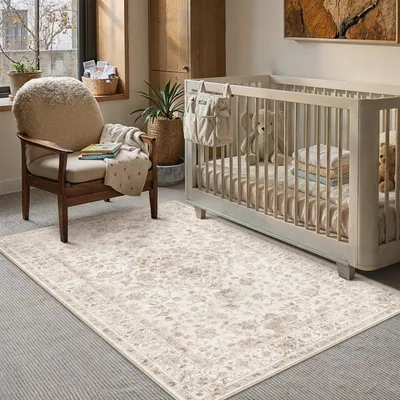 Wohnzimmerteppich 120x170 cm Beige, Retro-Blumenmuster, maschinenwaschbar