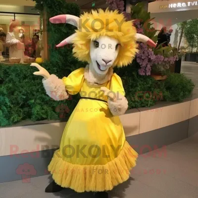 Immagine prodotto di Personaggio del costume della mascotte REDBROKOLY di capra d angora gialla vestito con un abito da ballo e cappelli
