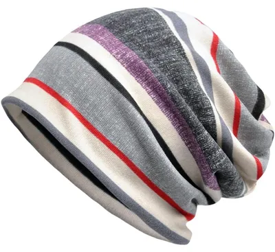 Zdjęcie produktu dla Czapka damska/męska, typu slouch beanie, bawełniana, w szary pasy, uniwersalny rozmiar