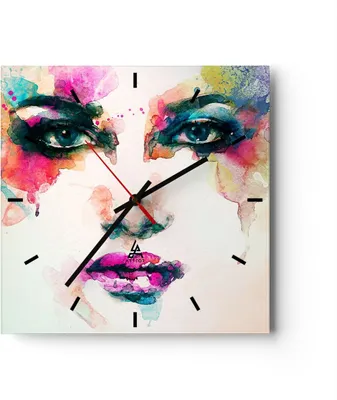 Produktbild von Wanduhr - Quadrat - Glasuhr - Frau Gesicht Kosmetik - 30x30cm - Schleichendes Uhrwerk - Lautlos - zum Aufhängen bereit - Dekoration Modern - Wanddekoration aus Glas - C3AC30x30-3050