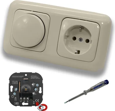Produktbild von EBROM 1001 LED Drehdimmer Dimmer + Busch Jäger Dimmerscheibe 2115-212 und Steckdose mit Kinderschutz 20EUCKS-212 in DURO2000 cremeweiß glänzend inkl. EBROM Phasenprüfer zur Montage der Geräte