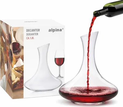 Obrázok produktu pre alpina Karafa na víno 1,8 l – sklenená karafa na víno – dekanter na červené víno so širokým dnom na prevzdušnenie – darček pre milovníkov vína – Ø 20 x 24 cm – priehľadná
