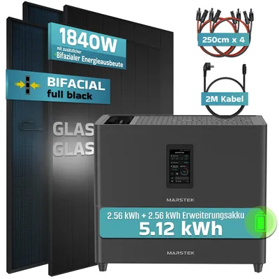 Produktbild von SUNNIVA® 1840W Balkonkraftwerk mit 5,12 kWh Speicher MARSTEK Jupiter C + Plus, 4x460W BIFAZIAL FULLBLACK komplett Steckdose, Solaranlage Solarspeicher