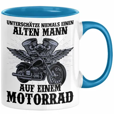 Produktbild von Motorradfahrer Geschenk Tasse Kaffee-Becher Motorrad Spruch Unterschätze Niemals Einen Alten Mann Auf Einem Motorrad Spruch Männer (Blau)