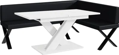Produktbild von MEBLINI Eckbank für Esszimmer mit ausziehbarem Tisch  - Küchenbank - Essecke - Sitzecke Küche - TONI - X-Beine 142x196x87cm Rechts - Schwarz Kunstleder/B Weiß Matt