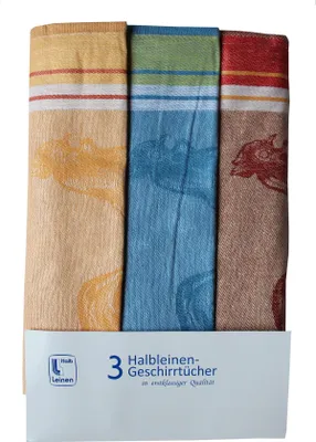 Produktbild von Triolino 3-er Set Jacquard Geschirrtücher Halbleinen Küchentücher 50 cm x 70 cm, Grösse:50 cm x 70 cm, Farbe:Hahn