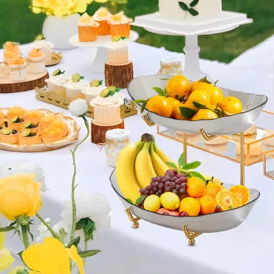 Zdjęcie produktu dla Miska na owoce do blatu kuchennego 2-poziomowy akrylowy kosz na owoce z miseczkami do serwowania i metalowym stojakiem Wielowarstwowe miski do przechowywania owoców i warzyw Przekąska / orzechy / ciasto / deser Idealny na przyjęcie weselne Bufet