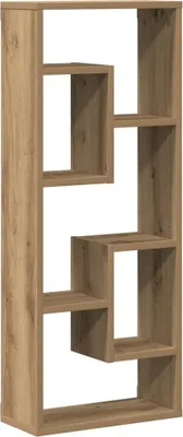A tall, narrow, wooden bookshelf with an asymmetrical design.