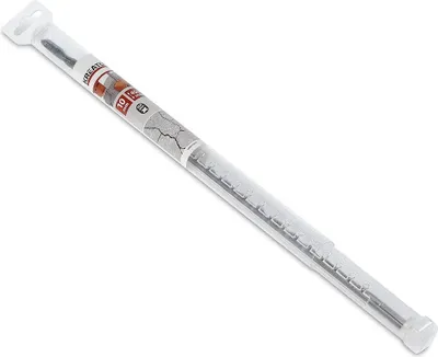 A drill bit in a clear plastic case, presented diagonally against a white background.