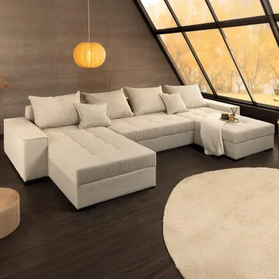 Produktbild von riess-ambiente XXL Wohnlandschaft LODGE 315cm champagner beige Cord Sofa mit Schlaffunktion Couch Big-Sofa