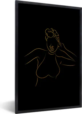 Produktbild von MuchoWow® Gerahmtes Poster Frau - Schwarz - Gold - Strichzeichnung 60x90 cm - Poster mit Schwarzem Bilderrahmen Wandposter Rahmen Foto Bilder - Kunst