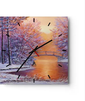Produktbild von Wanduhr - Quadrat - Glasuhr - Brücke Schnee Wald - 40x40cm - Schleichendes Uhrwerk - Lautlos - zum Aufhängen bereit - Dekoration Modern - Wanddekoration aus Glas - C3AC40x40-4545