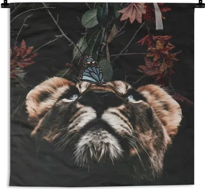 Produktbild von MuchoWow® Wandteppich Wandbehang Tiger - Blumen - Schmetterling 150x150 cm Tapisserie Dekoration Wandtuch - Wohnaccessoires - Modernes