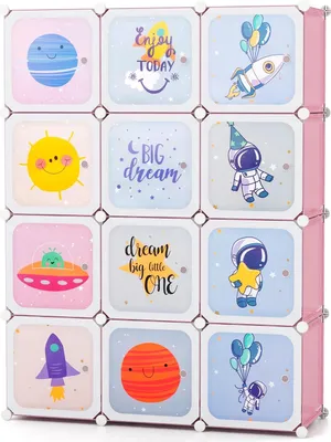 Image de Armoire pour enfants - Étagère modulaire en plastique avec portes - 12 compartiments - 2 tringles à vêtements - Extensible - Rose