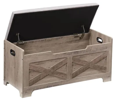 Image de Banc de rangement en bois - Banc coffre - Avec assise - 2 charnières de sécurité - Pour le couloir, la chambre, le salon - Gris