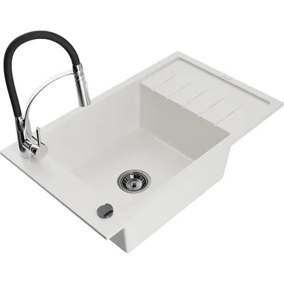 Obrázek produktu pro Mexen Elias 1-miskový granitový dřez s odkapávačem a kuchyňskou baterií Aster, Bílá - 6511-20-73450-07-B