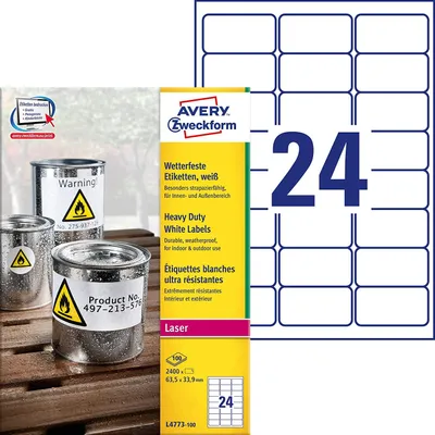 Productafbeelding van Avery Zweckform® L4773-100, zelfklevende folieetiketten - 63,5 x 33,9 mm, wit, 2400 etiketten, permanent, weerbestendig