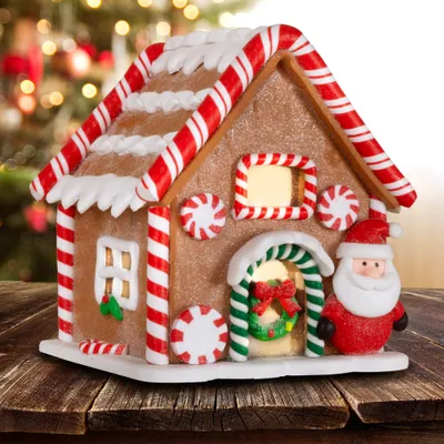 Produktbild von LED Lebkuchenhaus 13cm Deko Weihnachtshaus braun weiß rot