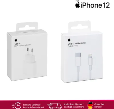 Two white Apple product boxes are shown side-by-side on a white background. The box on the left contains a USB-C 20W Power Adapter, and the box on the right contains a USB-C to Lightning Cable. Text and logos are visible on both boxes.
