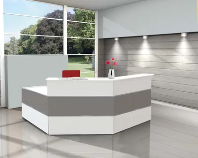 Produktbild von Kerkmann Design-Theke Theke Atlantis Weiss Grapfit 2-seitig schräg (B)2500x(T)2500x(H)1080mm 2 Seitenblenden weiß-ohne LED-Leuchtleiste-ohne Taschenablage
