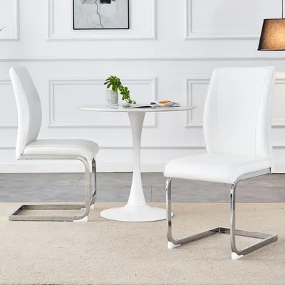 Produktbild von okwish Esszimmerstuhl 2er Set Modern Ergonomische Rückenlehne mit silbernen Metallbeinen für Wohnzimmer oder Esszimmer geeignet Weiß+Silber