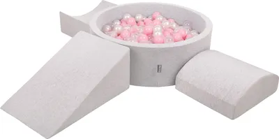 Produktbild von KiddyMoon spielplatz aus schaumstoff mit rund bällebad (300 bälle) ballgruben für babys spielbad hindernisläufen, hergestellt in der eu, hellgrau:puderrosa/perle/transparent