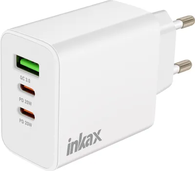 Image de Inkax, chargeur 2x USB-C Power Delivery 20W + USB 18W charge rapide Compact, Blanc