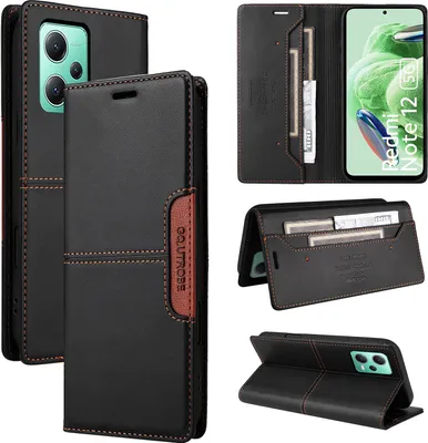 Obrázek produktu pro Pouzdro pro Xiaomi Redmi Note 12 5G/Poco X5, kožené flipové peněženkové pouzdro s přihrádkou na karty a stojánkem Černý