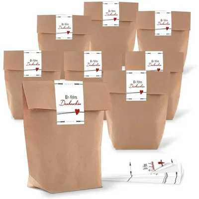 Produktbild von Logbuch-Verlag 10 kleine Gastgeschenk Verpackung Geschenktüte Tüte Papiertüte 16,5 x 26 x 6,5 cm Danke DANKESCHÖN Geschenk verpacken braun weiß rot give-Away Herz Geschenkbeutel Papierbeutel10 Stück
