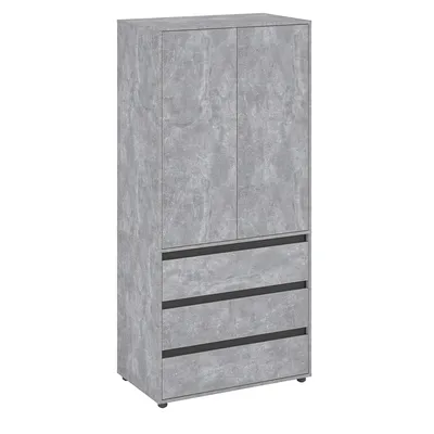 Produktbild von KOMTO Kleiderschrank Klein Schrank Schlafzimmer Kinderzimmer Mehrzweckschrank mit 2-türig & 3 Schubladen Garderobenschrank Flur Drehtürenschra Beton