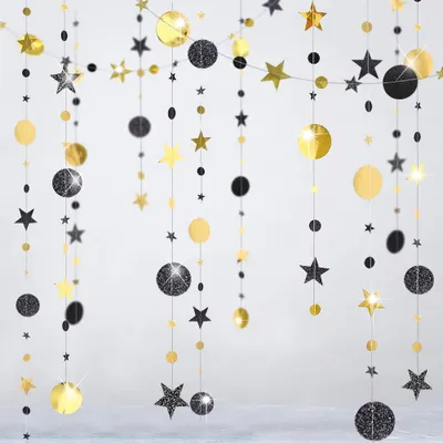 Produktbild von Mond- und Sternengirlande Schwarz Gold, hängende Sterne Kreis Girlanden Banner Hintergrund für Hochzeit Geburtstag Junggesellinnenabschied Ruhestandsfeier