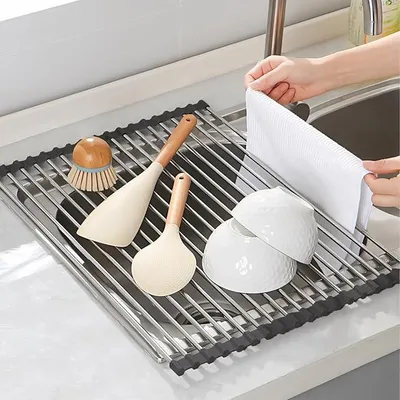 Produktbild von PolkaHome® Abtropfgestell für Geschirr, Edelstahl Abtropfreck über der Spüle, faltbar, 43 x 35 cm, Schwarz