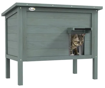 Produktbild von Outdoor Katzenhaus - Holz Katzenhöhle - Isolierte Katzenhütte mit Türvorhang - Wetterfest für draußen - Grau