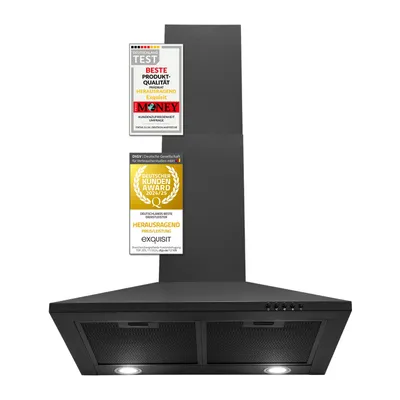 A black kitchen hood with two awards attached to it.