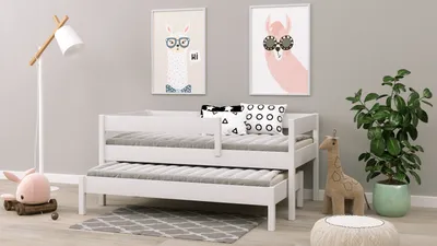Produktbild von Ausziehbett Felix140x70 Kinderbett mit Rausfallschutz & Lattenrost weiß 70 x 140 für Mädchen und Jungen Massivholz Kiefer