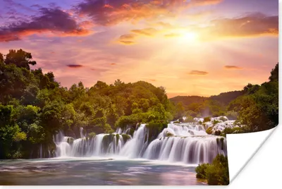 Produktbild von MuchoWow® Poster Wasserfall - Landschaft - Sonne - Wolken - Sonnenuntergang 120x80 cm - Bilder