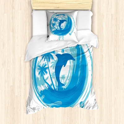 Produktbild von ABAKUHAUS Delfin Mantele, Maritime Stil Exotische, Milbensicher Allergiker geeignet mit Kissenbezügen, 135 cm x 200 cm - 80 x 80 cm, blau Türkis