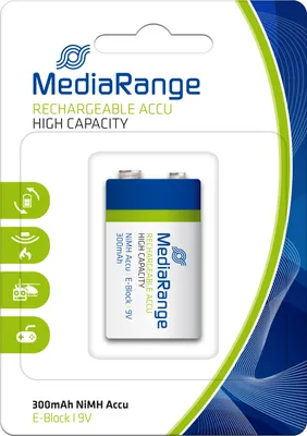 Obrázek produktu pro MediaRange MRBAT124, Dobíjecí baterie, 9V, Nikl-metal hydridová (NiMH), 9 V, 1 kusů, 300 mAh