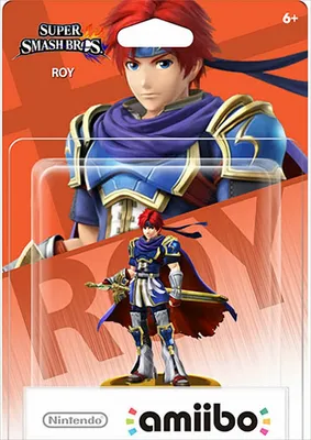 A product shot of an amiibo figure of the character Roy from Super Smash Bros. in its retail packaging.