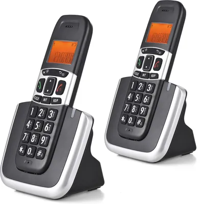 Produktbild von Bisofice erweiterbares schnurloses Telefonsystem mit 3 Leitungen, Display, Unterstuetzung fuer 5 Mobilteile, Anrufsperre, Freisprechanrufe, Gegensprechanlage, Konferenzschaltung, Stummschaltung, 16 Sprachen, fuer Buero, Unternehmen, Zuhause, Familie šC 2 Mobilteile und 2 Basisstation