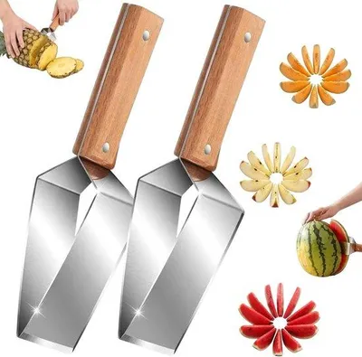 Produktbild von Multifunktionales Holzhandgriff- Messer für Salat und Obst - 2 Stücke - für Wassermelonen, Cantaloupe, Ananas und Melonen - Handliches Werkzeug für das Schneiden von Salat und Obst