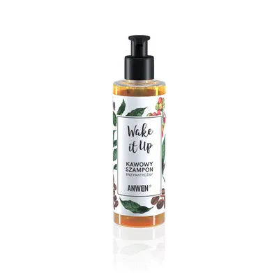 A bottle of ANWEN Wake It Up Enzymatisches Kaffee-Shampoo on a white background.