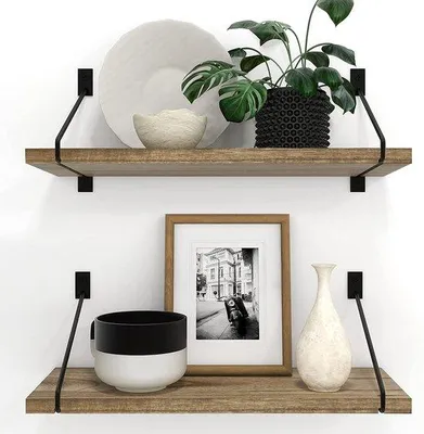 Produktbild von Unyqoos® Schweberegal-Set (2) – rustikale Wandregale aus Paulowniaholz mit schwarzem Metallrahmen, 40×14,5×1,5 cm, 13,6 kg Tragkraft, für Küche/Bad/Wohnzimmer