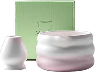 Produktbild von Matcha-Teeschale, Farbverlauf, Teezubereitungswerkzeuge, gestreifte Keramik-Teeschale, Tee-Schneebesenständer
