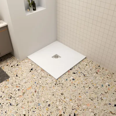 Produktbild von 90x90x3cm Weiß Schiefer Effekt Duschwanne mit Edelstahl Ablaufabdeckung Ablaufgarnitur Quadrat Duschtasse
