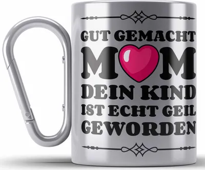Produktbild von Trendation - Mama Geschenk Muttertagsgeschenk Edelstahl Tasse Karabiner von Sohn Tochter Lieblingskind Edelstahl Tasse Karabiner Spruch (Silber)